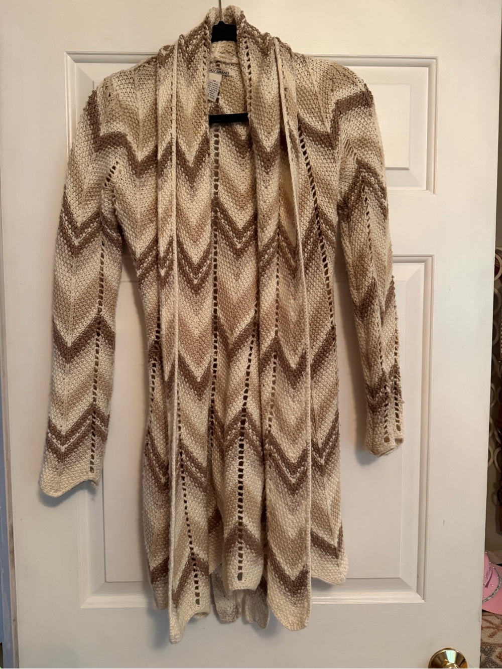 Lucky Brand Cream and Brown Chevron Open Front Cardigan